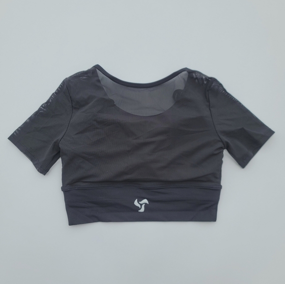 Pedigree Double Layered Mesh Crop Tee with Sports Bra Liner | Black - Picture 2 of 10